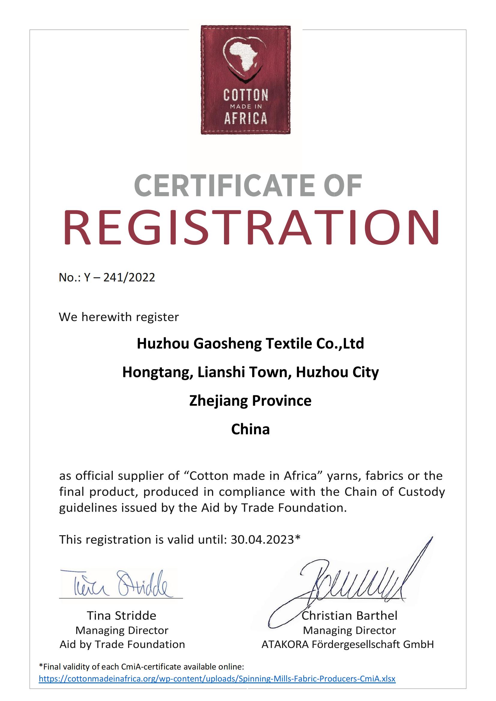 CIMA COTTON CERTIFCATE