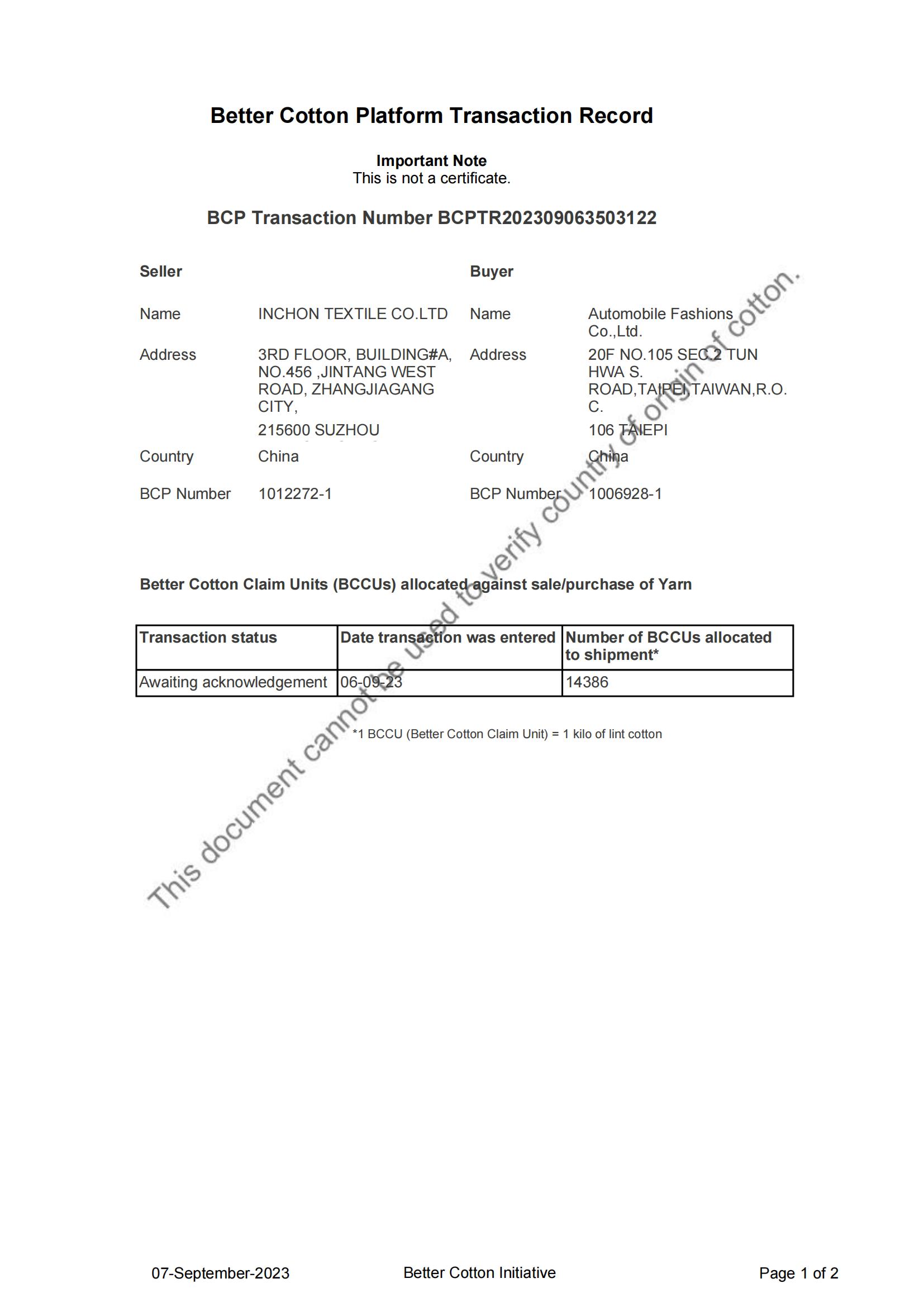 BCI COTTON Certificate